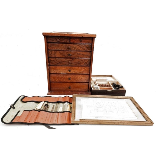 222 - Miniature microscope in box, rolled case of possibly bookbinder's tools, collector's cabinet contain... 