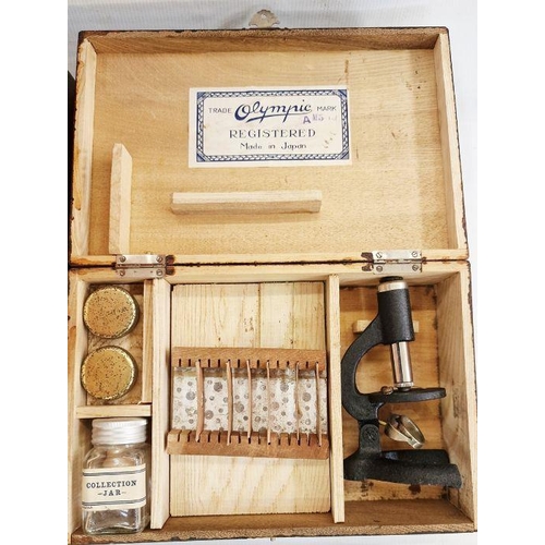 222 - Miniature microscope in box, rolled case of possibly bookbinder's tools, collector's cabinet contain... 