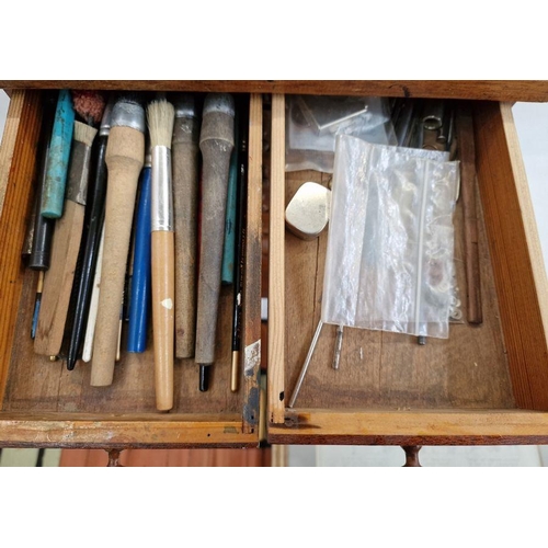 222 - Miniature microscope in box, rolled case of possibly bookbinder's tools, collector's cabinet contain... 