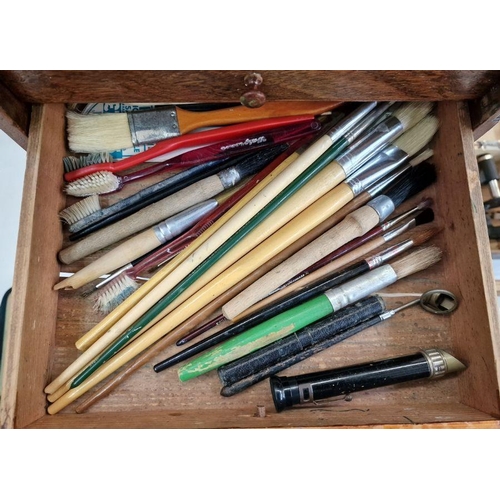 222 - Miniature microscope in box, rolled case of possibly bookbinder's tools, collector's cabinet contain... 