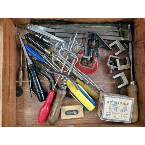 222 - Miniature microscope in box, rolled case of possibly bookbinder's tools, collector's cabinet contain... 