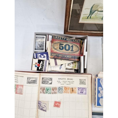 226 - Assorted matches, various advertising labels to include Bovril, cutout labels, loose stamps, framed ... 