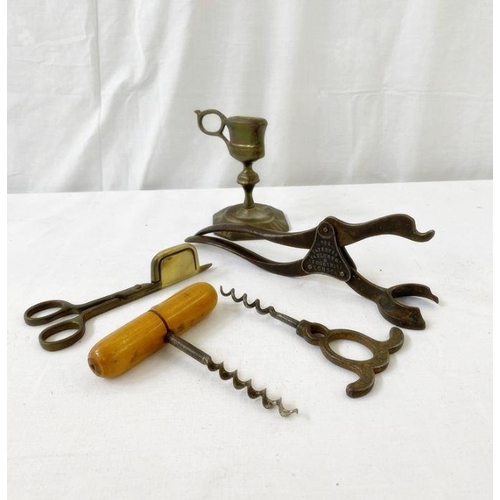 233 - 19th century Lund London patent two-piece corkscrew and cork lever, a vintage corkscrew and a Queen ... 