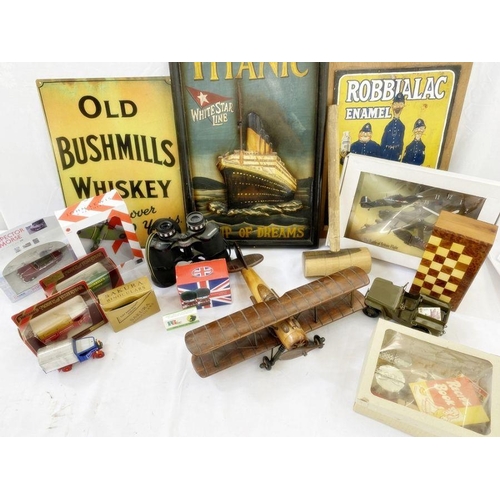 236 - Mixed collectables to include a Titanic wooden relief painted plaque, binoculars, wooden toy aeropla... 