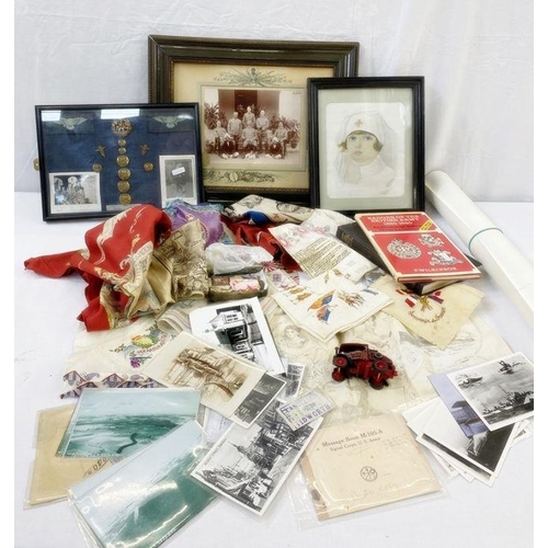 260 - Framed collection of RAF buttons and badges, WW1 embroidered silk handkerchiefs, two books on milita... 