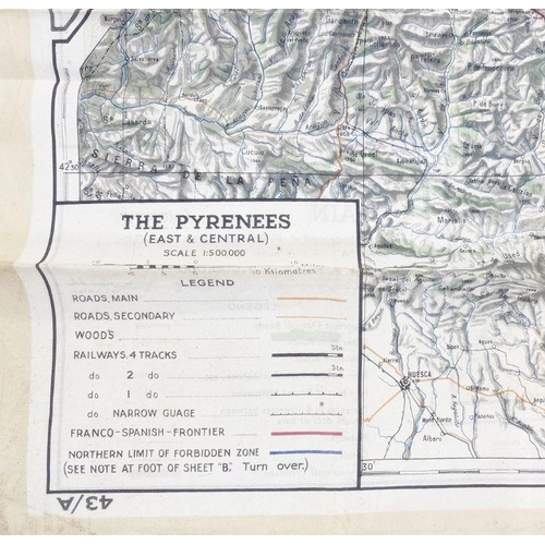 284 - WWII RAF silk escape map, sheet 43A and 43B.  The Pyranees East  Central, France (North West), Belgi... 