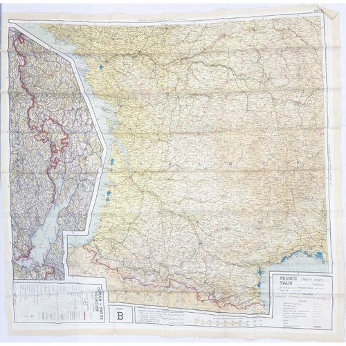 284 - WWII RAF silk escape map, sheet 43A and 43B.  The Pyranees East  Central, France (North West), Belgi... 