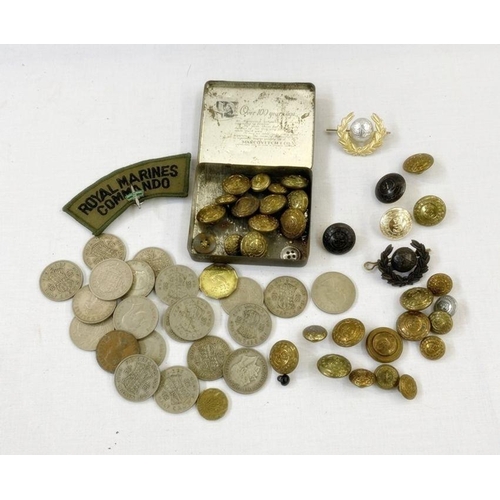 294 - Quantity of military buttons and badges, a Royal Marine Commando cloth badge and a costume ropetwist... 