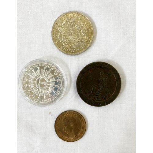 355 - Tin of coins to include: Cartwheel twopence 1797 good fine, 1937 proof sixpence, 1937 proof florin, ... 