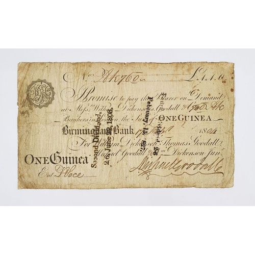 362 - One Guinea Bank Note, issued at Birmingham Bank, 1804, note containing cashier's signatures, uncut. ... 