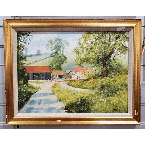 1302 - J E Halliday - 20th century
 Oil on board
 Rural landscape with dwellings, signed and dated 1983 low... 