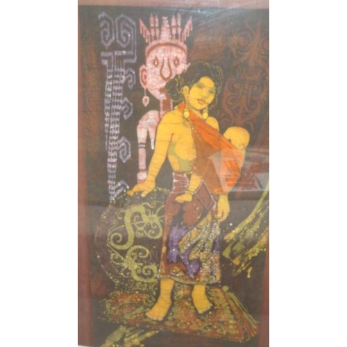 1303 - Eastern-style print on fabric, Batik, featuring mother with child, 103cm x 51cm