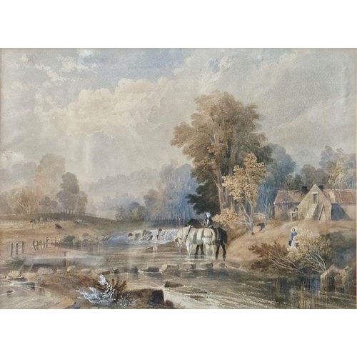 1304 - Attributed to Thomas Creswick 
 Watercolour 
 Figure and horses in river, unsigned, labelled verso i... 