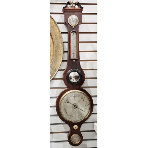 1010 - Late 19th century banjo barometer in mahogany case with hygrometer and bubble level, the dial stampe... 