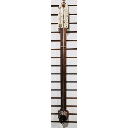 1013 - 19th century mahogany stick barometer in plain mahogany case with bone thermometer and pressure scal... 