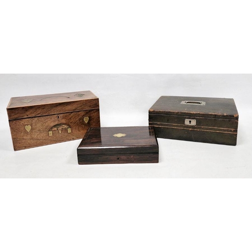 1015 - Early 20th century leather-bound writing slope, a boxwood strung box with brass diamond and heart sh... 