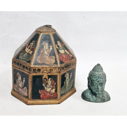 1016 - Octagonal Eastern decorated box with seated figures on black background and octagonal pyramidal cove... 