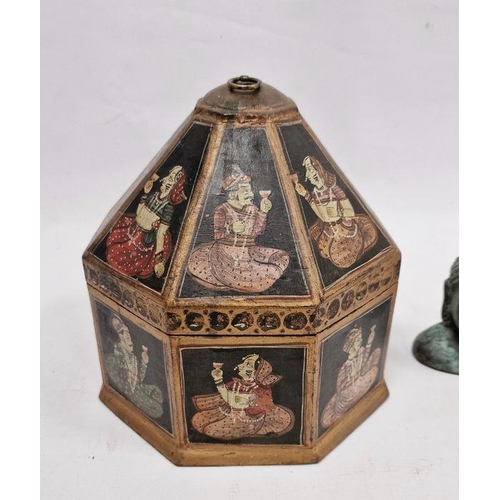 1016 - Octagonal Eastern decorated box with seated figures on black background and octagonal pyramidal cove... 