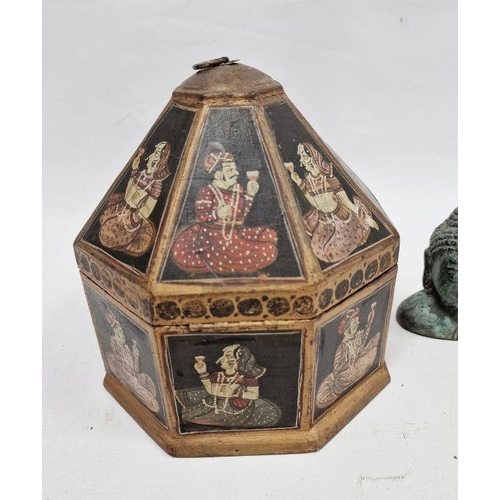 1016 - Octagonal Eastern decorated box with seated figures on black background and octagonal pyramidal cove... 