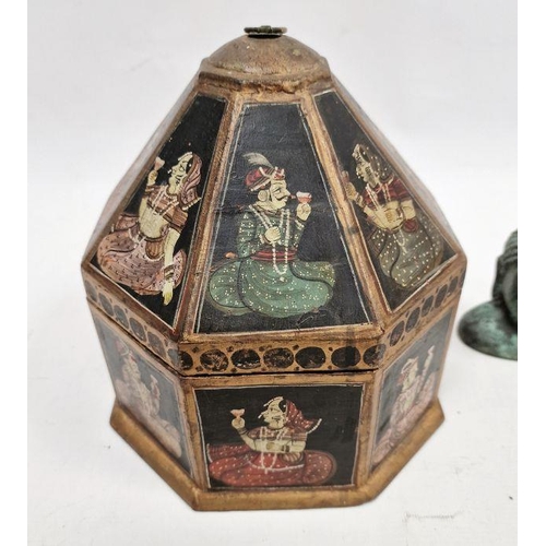 1016 - Octagonal Eastern decorated box with seated figures on black background and octagonal pyramidal cove... 