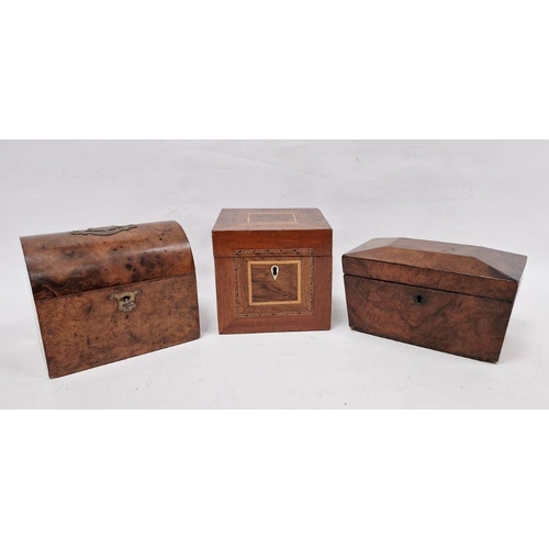 1017 - Three tea caddies, the first dome topped walnut with brass shield and swag cartouche, the second sar... 