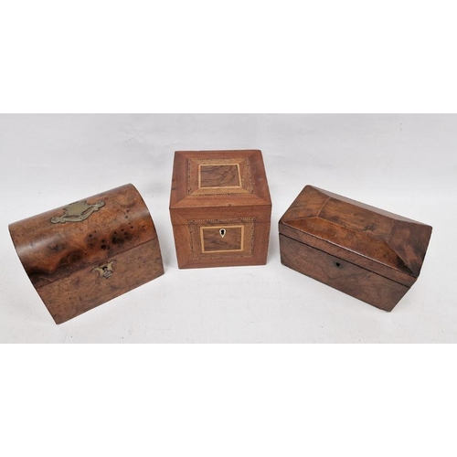 1017 - Three tea caddies, the first dome topped walnut with brass shield and swag cartouche, the second sar... 