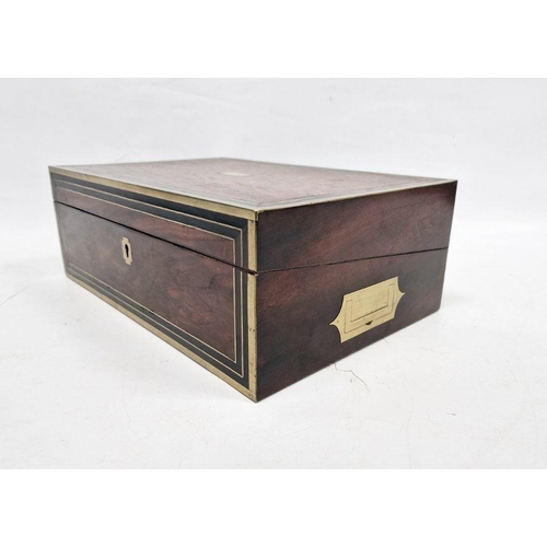 1018 - Mid Victorian writing slope in veneered figured mahogany with brass edges and stringing, with ebony ... 