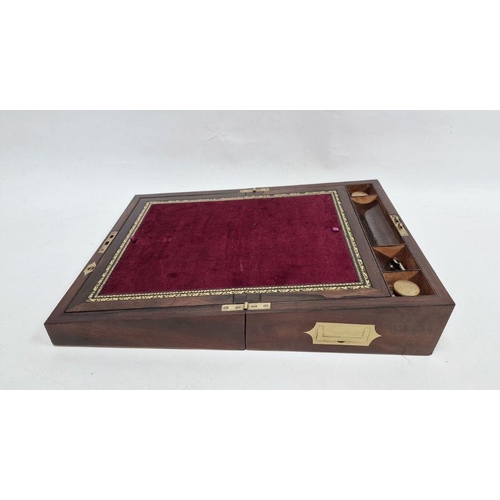 1018 - Mid Victorian writing slope in veneered figured mahogany with brass edges and stringing, with ebony ... 