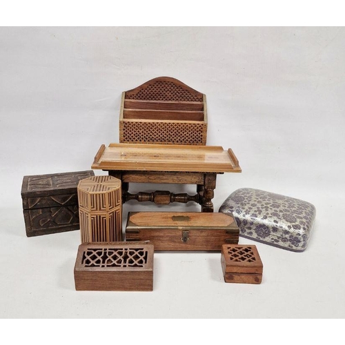 1019 - Collection of Eastern wooden items including boxes, a small stool, letter rack, etc (9)