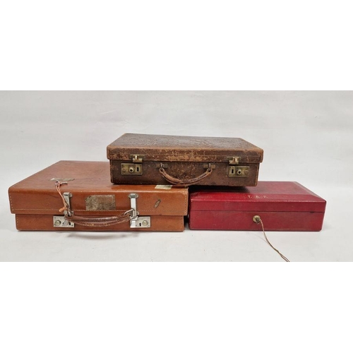 1020 - Red leather document case stamped 'TBP' with single brass carrying handle and two small leather suit... 