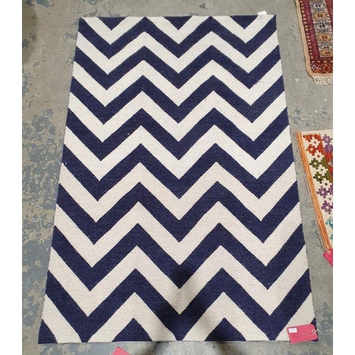 1045 - Modern Johnathan Adler Peruvian Llama wool rug with blue and white chevron design rug, 182cm X 120cm