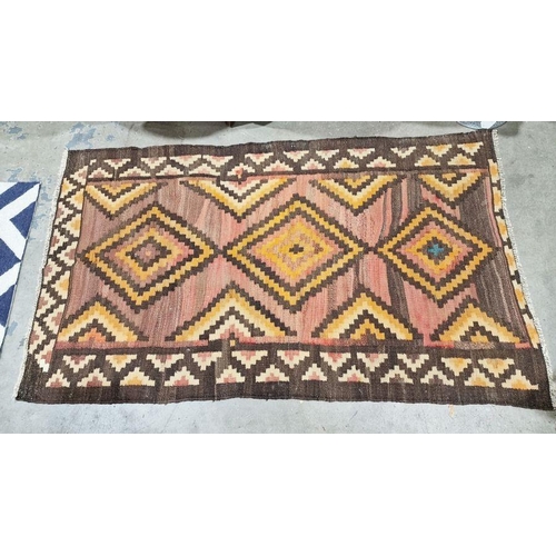 1047 - South West Persian Qashgai brown ground kilim with two stepped lozenge medallions enclosed by two ro... 