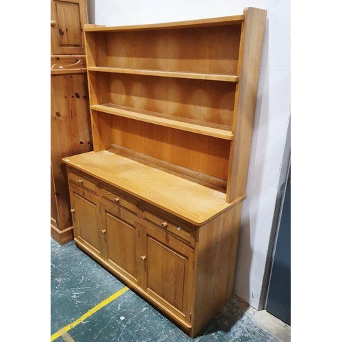 1086 - 20th century oak dresser with two shelves above three short drawers over three cupboard on plinth ba... 