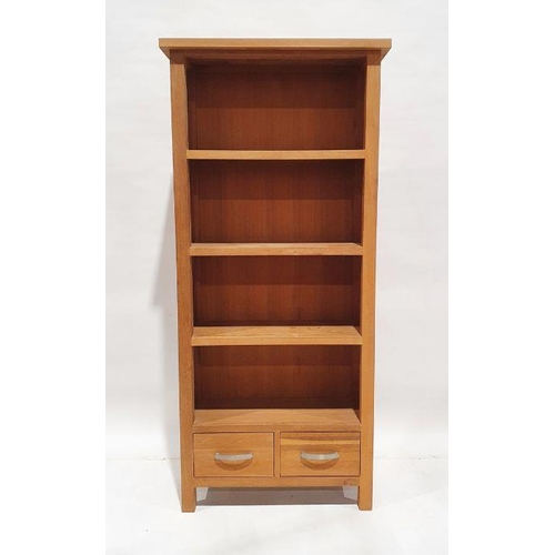 1087 - Modern beech open front bookcase, three shelves above two short drawers on square feet, H. 175cm x W... 