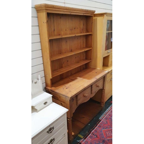 1090 - Pine dresser with ogee moulded cornice above three shelves, on rectangular moulded base above two dr... 