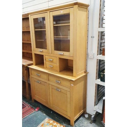 1091 - Modern beech dresser with two glazed cupboards over two central short drawers on rectangular base ab... 