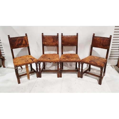 1092 - Four oak Jacobean style dining chairs with leather padded seats and backs on stretchered turned supp... 