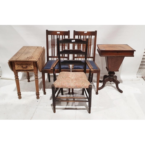 1106 - Vintage pine drop-leaf table with carved side drawers together with a walnut sewing table, two oak c... 