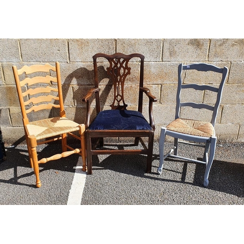 1107 - Modern beech rush seated chair together with a grey painted rush seated chair and a mahogany carver'... 