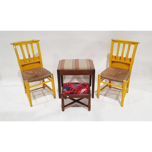 1109 - Pair of yellow painted chairs with rush seat and two stools