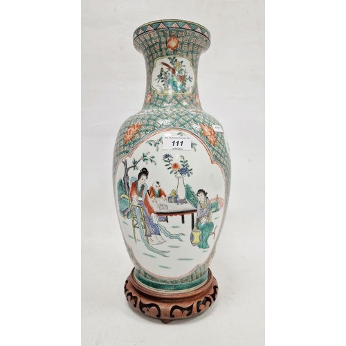 111 - Modern Chinese famille verte oviform vase, iron-red six-character mark to base, each side painted wi... 