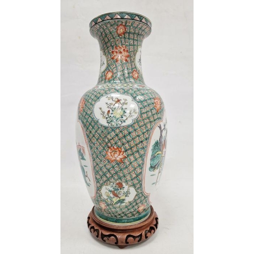 111 - Modern Chinese famille verte oviform vase, iron-red six-character mark to base, each side painted wi... 