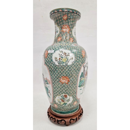 111 - Modern Chinese famille verte oviform vase, iron-red six-character mark to base, each side painted wi... 