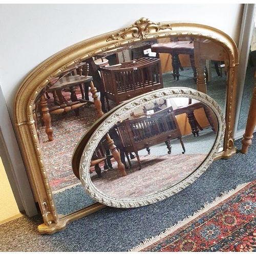 1111A - Modern gilt painted overmantel mirror, a grey painted oval mirror and a modern grey painted rectangu... 