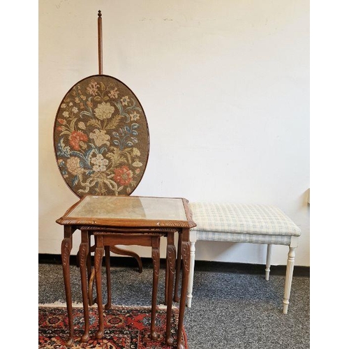 1112 - 19th century mahogany polescreen in petitpoint oval panel together with a modern white painted stool... 