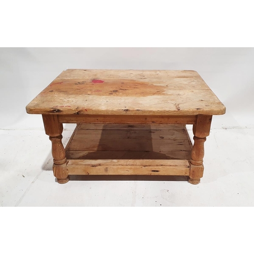 1118 - Modern Eastern hardwood square side table together with a vintage pine two tier coffee table on bun ... 