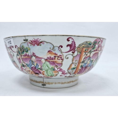 112 - Cantonese export famille rose porcelain punch bowl, Qianlong, painted with figures at various pursui... 