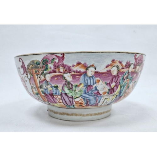 112 - Cantonese export famille rose porcelain punch bowl, Qianlong, painted with figures at various pursui... 