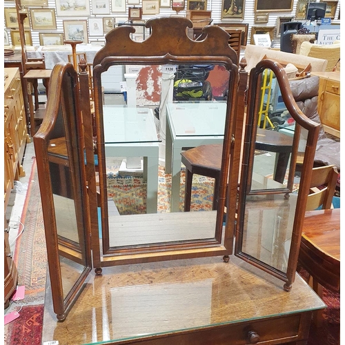 1126 - Walnut three-section dressing table mirror with acorn finials and shaped top