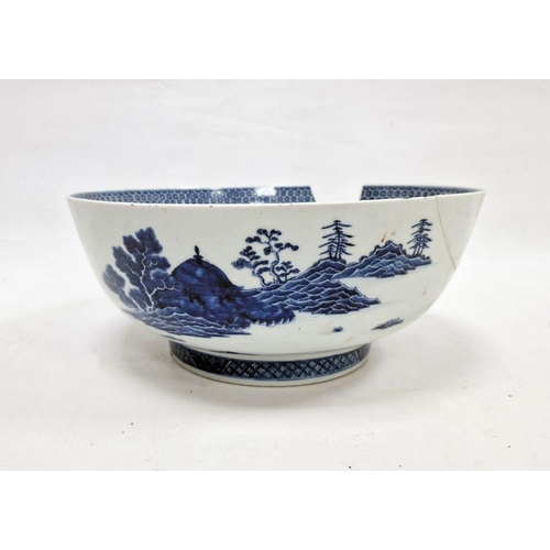 113 - Chinese porcelain blue and white bowl, late 18th century, printed and painted with huts on islands, ... 